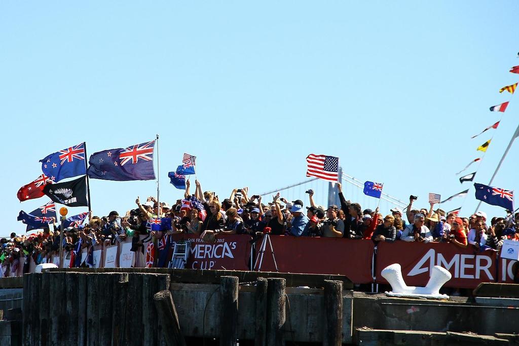 Oracle Team USA v Emirates Team New Zealand. America’s Cup Day 6 San Francisco. Emirates Team NZ fans at the finish line of Race 10 © Richard Gladwell www.photosport.co.nz